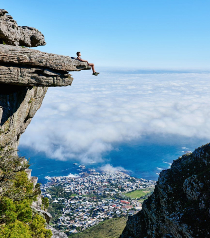 Contact person sitting at the edge of a cliff dangling feet with sky and city below